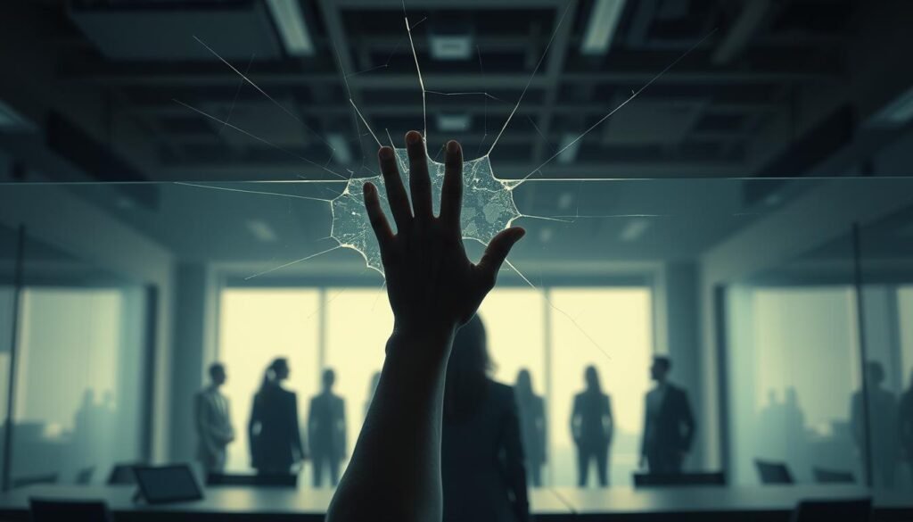 A glass ceiling, crystalline and opaque, stretching across a dimly lit office space. The foreground features a determined woman's hand pressing against the barrier, fractures radiating outwards. In the middle ground, her silhouette stands resolute, facing an array of blurred, indistinct figures. The background ebbs with a hazy, muted palette, conveying a sense of systemic obstruction. Dramatic side lighting casts long shadows, emphasizing the weight of the invisible obstacle. The scene evokes a palpable tension, a subtle yet persistent struggle against the unseen limits constraining the protagonist's path to success. A glass ceiling, crystalline and opaque, stretching across a dimly lit office space. The foreground features a determined woman's hand pressing against the barrier, fractures radiating outwards. In the middle ground, her silhouette stands resolute, facing an array of blurred, indistinct figures. The background ebbs with a hazy, muted palette, conveying a sense of systemic obstruction. Dramatic side lighting casts long shadows, emphasizing the weight of the invisible obstacle. The scene evokes a palpable tension, a subtle yet persistent struggle against the unseen limits constraining the protagonist's path to success.