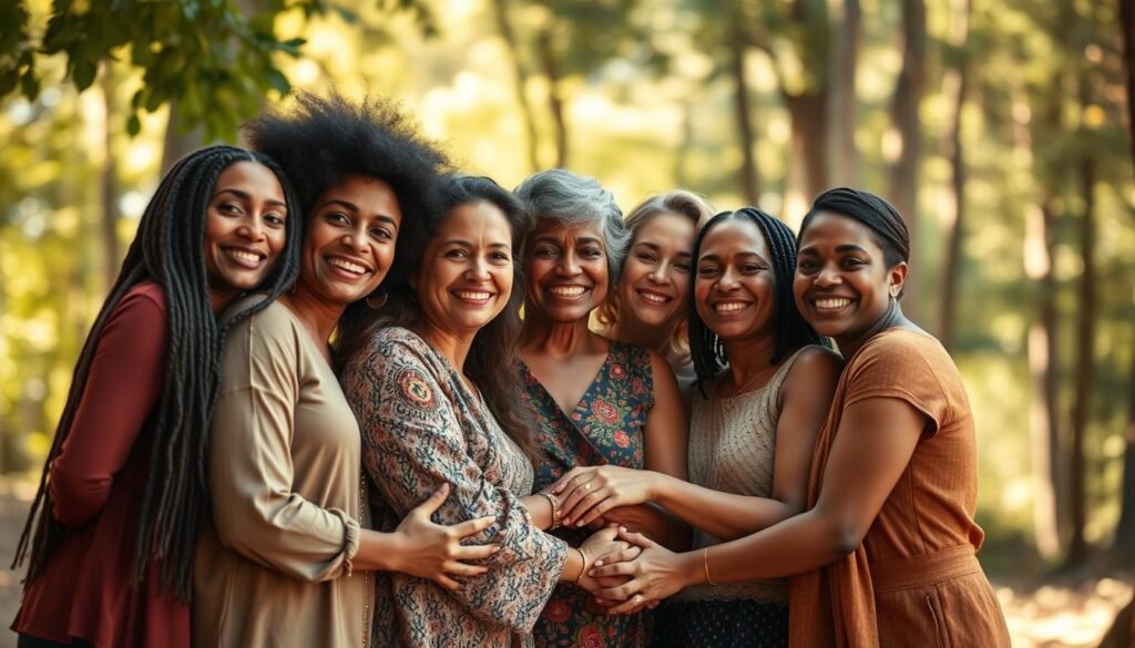 A group of diverse women, from various cultural backgrounds, stand together in a warm, natural setting. They are embracing, supporting one another, and radiating a sense of sisterly connection and empowerment. The foreground features their faces, expressions exuding joy, compassion, and a deep understanding. In the middle ground, their bodies are intertwined, hands clasped, creating a tapestry of diversity and unity. The background is a softly blurred, sun-dappled forest, conveying a serene, earthy atmosphere that enhances the feeling of community and togetherness. Soft, diffused lighting from above casts a gentle glow, emphasizing the women's expressions and the bonds they share.