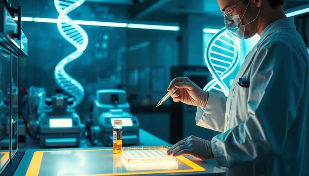 A high-tech laboratory setting, featuring a DNA analyzer instrument with glowing, holographic displays. In the foreground, a scientist in a white lab coat carefully pipettes a sample onto an analysis plate. Behind them, a large DNA helix model casts an ethereal glow, symbolizing the complex genetic data being processed. The middle ground showcases various scientific equipment, including centrifuges and microscopes, all bathed in a cool, blue-tinted lighting that creates an atmosphere of clinical precision. The background fades into a hazy, out-of-focus representation of the criminal investigation process, hinting at the broader applications of this forensic technology.