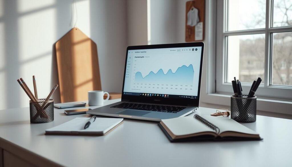 A minimalist home office setup with a laptop, notebook, and simple organizational tools like a pen holder and a bulletin board. The scene is bathed in soft, natural light from a large window, creating a calming and focused atmosphere. The laptop screen displays a graph or chart tracking personal metrics and behavioral patterns over time. The overall impression is one of purposeful self-monitoring and data-driven self-improvement.