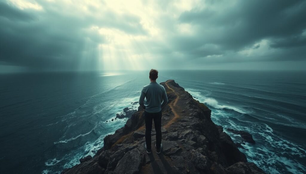 A person standing on a rocky cliff, gazing out at a vast, stormy ocean. The sky is dark and overcast, with shafts of light breaking through the clouds. In the foreground, the person's stance is one of contemplation, their hands at their sides as they reflect on their past failures. The middle ground features a path winding up the cliff, symbolizing the journey of personal growth. In the background, the crashing waves represent the challenges and setbacks they have overcome. The scene is captured with a wide-angle lens, creating a sense of depth and scale. The lighting is dramatic, casting long shadows and highlighting the person's pensive expression. The overall mood is one of resilience and determination in the face of adversity.