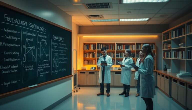 A pristine laboratory setting, bathed in warm, soft lighting that casts a contemplative mood. In the foreground, a chalkboard with concise diagrams and equations illustrating core principles of behavioral psychology - reinforcement, conditioning, motivation, and cognition. In the middle ground, a group of researchers in lab coats and clipboards, engaged in thoughtful discussion, exploring the practical applications of these foundational concepts. The background depicts a bookshelf overflowing with volumes on the subject, hinting at the rich theoretical underpinnings that inform this field of study. An atmosphere of intellectual curiosity and rigor pervades the scene, capturing the essence of "The Foundation of Behavioral Psychology".