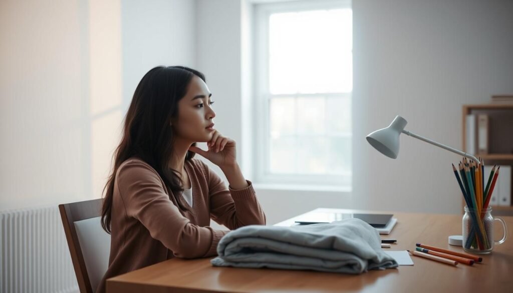 A serene and calming workspace, with a young woman sitting at a wooden desk, deep in thought. The background is a softly-lit, minimalist room, with pastel-colored walls and a large window letting in natural light. On the desk, there are various organization tools and tactile objects, such as a fidget spinner, a weighted blanket, and a set of colored pencils. The woman's expression is one of focus and concentration, as she uses these coping strategies to manage her ADHD symptoms and stay productive. The overall scene conveys a sense of tranquility and mindfulness, capturing the essence of how women with ADHD can find effective ways to thrive and cope with their unique challenges.