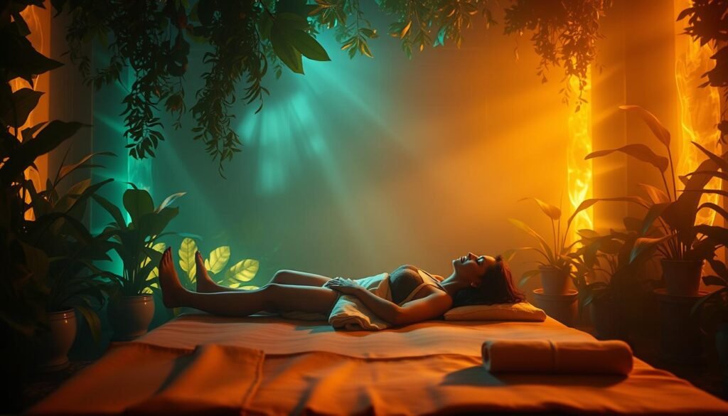 A serene, dimly lit therapy room bathed in warm, ethereal light. In the center, a reclining patient in a meditative pose, their face tranquil and eyes closed, as they embark on an introspective journey facilitated by the presence of psychedelic compounds. Lush, vibrant foliage and organic, fluid shapes swirl and dance around the periphery, creating a sense of boundless, kaleidoscopic wonder. The atmosphere is one of profound introspection, healing, and the exploration of the inner self, conveying the transformative potential of psychedelic-assisted therapy. A serene, dimly lit therapy room bathed in warm, ethereal light. In the center, a reclining patient in a meditative pose, their face tranquil and eyes closed, as they embark on an introspective journey facilitated by the presence of psychedelic compounds. Lush, vibrant foliage and organic, fluid shapes swirl and dance around the periphery, creating a sense of boundless, kaleidoscopic wonder. The atmosphere is one of profound introspection, healing, and the exploration of the inner self, conveying the transformative potential of psychedelic-assisted therapy.