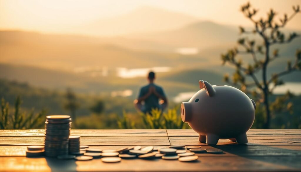 A serene financial haven, bathed in warm, golden light. In the foreground, a stack of coins and a piggy bank symbolize prudent savings. The middle ground features a person sitting cross-legged, deeply contemplating their financial future, surrounded by charts and graphs depicting investment strategies. In the background, a peaceful landscape with rolling hills and a tranquil lake, representing the financial independence and security that can be achieved through diligent saving. Soft, diffused lighting casts a sense of calm and focus, inviting the viewer to ponder their own path to financial freedom.