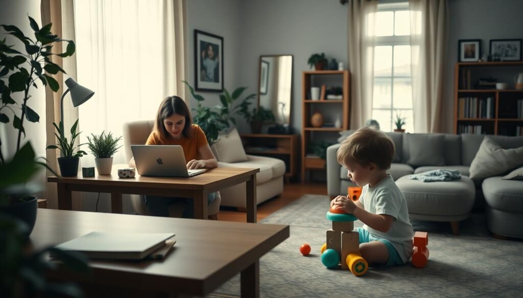 A serene home office with natural light filtering through sheer curtains, a wooden desk adorned with houseplants and a laptop, alongside a comfortable armchair for reading. In the middle ground, a mother balances work on her laptop while a young child plays nearby with educational toys. In the background, a cozy living room with family photos and a bookshelf, conveying a sense of harmony between professional and personal life. The overall mood is one of tranquility and mindful integration of work and family responsibilities.