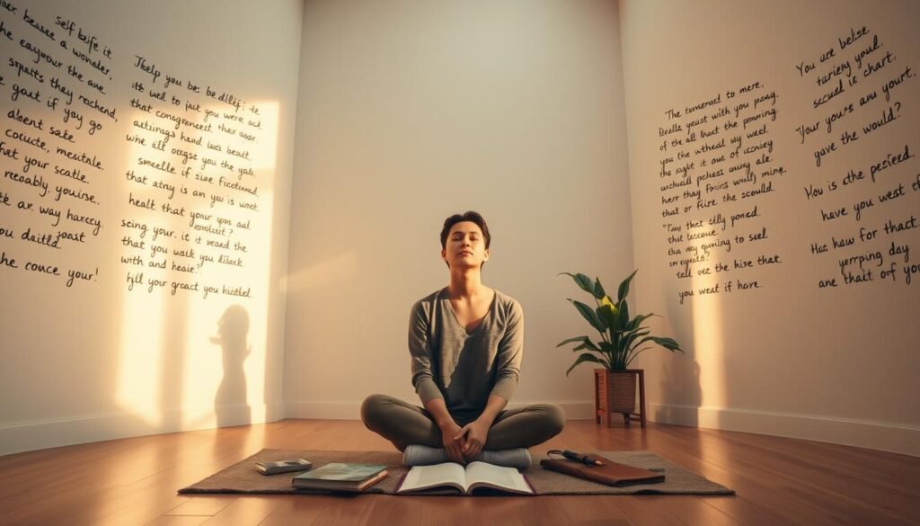 A serene scene of a person sitting in a peaceful, minimalist room, bathed in warm, natural lighting. The walls are adorned with handwritten affirmations, radiating a sense of self-belief and inner strength. The individual is surrounded by a few carefully curated objects, such as a potted plant and a journal, creating a calming, meditative atmosphere. The composition is balanced, with the person positioned centrally, their gaze directed inward, conveying a sense of focus and introspection. The overall mood is one of tranquility, empowerment, and a quiet resolve to harness one's inner power.