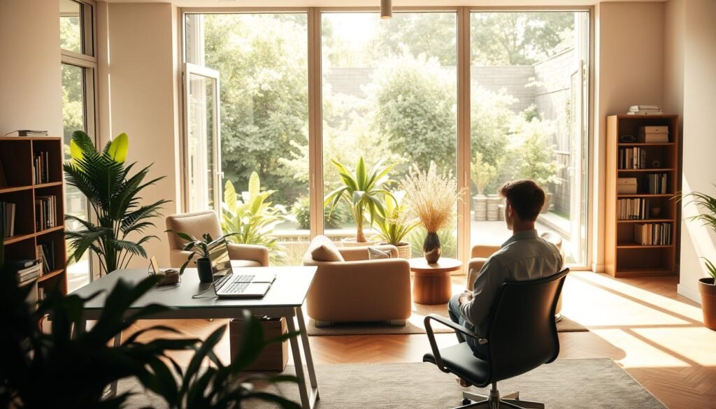 A serene, sun-dappled office space, with a large, open window overlooking a tranquil garden. In the foreground, a young professional sits at a minimalist desk, deep in contemplation, balancing a laptop and a potted plant. The middle ground features a cozy seating area with plush armchairs and a bookshelf, creating a sense of work-life harmony. The background showcases lush greenery and a calming water feature, conveying a peaceful, rejuvenating atmosphere. Soft, warm lighting and a muted color palette evoke a sense of equilibrium and well-being. The scene exudes a mood of mindfulness, productivity, and a healthy work-life integration.