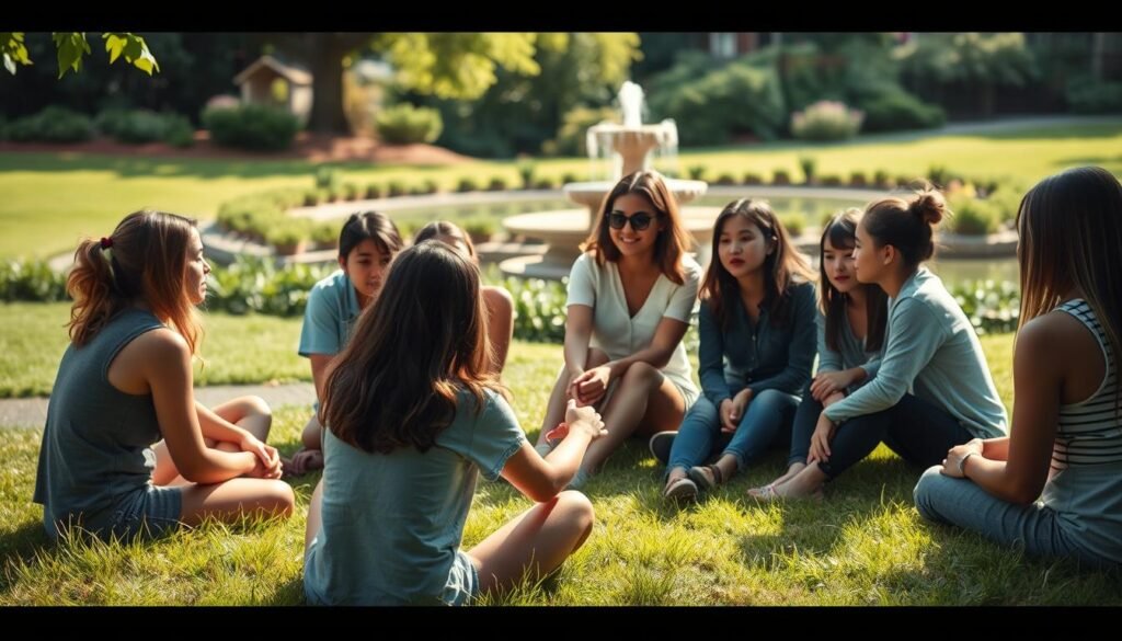 A serene, sun-dappled outdoor setting with a group of diverse teenagers gathered in a supportive circle, their expressions open and attentive. In the foreground, a teen sitting cross-legged on the grass, holding a supportive hand of another teen beside them. In the middle ground, a counselor or therapist facilitating the discussion, their face warm and encouraging. In the background, a lush, verdant landscape with a calming water feature, conveying a sense of tranquility and healing. Soft, diffused lighting casts a gentle glow, creating an atmosphere of comfort and safety. The overall mood is one of compassion, understanding, and the power of community to nurture mental well-being.