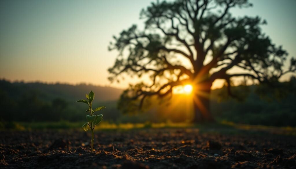 A serene, twilight landscape depicting the transition from one generation to the next. In the foreground, a young sapling emerges from the earth, its tender leaves reaching skyward. Behind it, a majestic oak tree stands tall and wise, its gnarled branches casting long shadows across the scene. In the distance, a lush, verdant forest fades into a warm, golden horizon, hinting at the promise of a brighter future. The lighting is soft and diffused, creating a sense of tranquility and hope. The composition emphasizes the interconnectedness of the past, present, and future, symbolizing the importance of sustaining long-term change for generations to come.