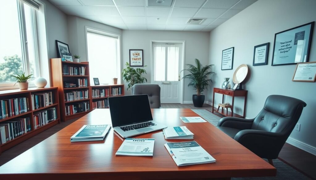 A serene, well-lit office setting with a large wooden desk, bookshelves, and a cozy armchair. On the desk, a laptop, a stack of informative brochures, and a stylized icon representing "Discrimination Help Resources". The room has warm, natural lighting streaming through large windows, creating a calming atmosphere. The walls are adorned with inspirational artwork and motivational quotes. In the background, a potted plant and a framed certificate or award, conveying a sense of professionalism and dedication to supporting individuals facing discrimination. The overall scene exudes a sense of comfort, empowerment, and a commitment to providing valuable resources and guidance. A serene, well-lit office setting with a large wooden desk, bookshelves, and a cozy armchair. On the desk, a laptop, a stack of informative brochures, and a stylized icon representing "Discrimination Help Resources". The room has warm, natural lighting streaming through large windows, creating a calming atmosphere. The walls are adorned with inspirational artwork and motivational quotes. In the background, a potted plant and a framed certificate or award, conveying a sense of professionalism and dedication to supporting individuals facing discrimination. The overall scene exudes a sense of comfort, empowerment, and a commitment to providing valuable resources and guidance.