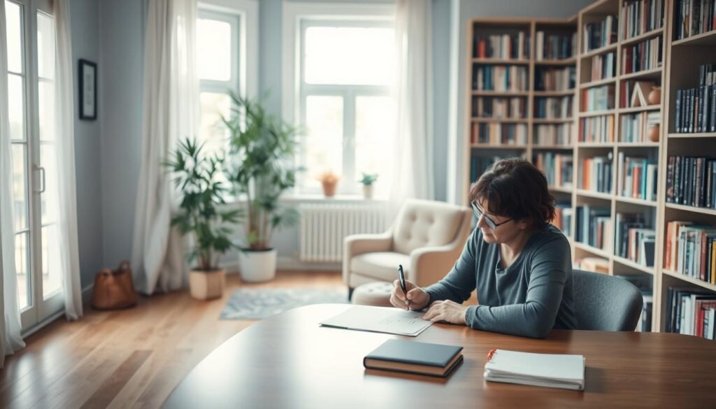 A serene, well-lit room with soft, natural lighting filtering through large windows. In the foreground, a person sits at a desk, thoughtfully considering a checklist and pen in hand, reflecting on their mental health needs. The middle ground features a cozy armchair and a potted plant, creating a calming, introspective atmosphere. The background showcases bookshelves filled with titles on self-improvement and mental wellness, suggesting a space dedicated to personal growth and understanding. The overall scene conveys a sense of quiet contemplation, inviting the viewer to engage in a journey of self-reflection and assessment.