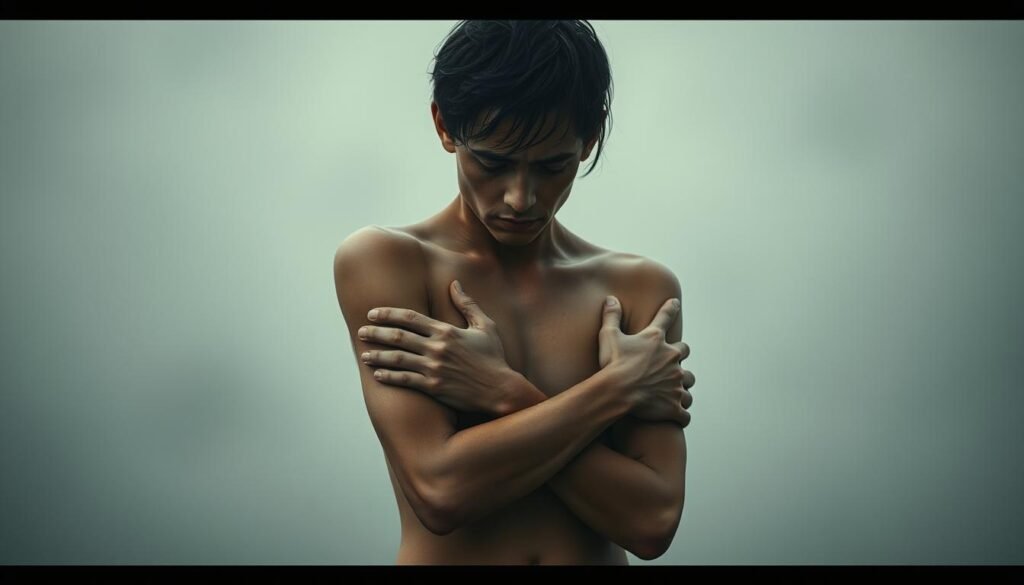 A solitary figure stands, arms wrapped around themselves, vulnerable and exposed. Their expression conveys a deep sense of longing and uncertainty, as if yearning for connection yet fearful of being hurt. The background is blurred, hazy, emphasizing the subject's isolation. Soft, diffused lighting casts gentle shadows, conveying a mood of introspection and fragility. The composition is tight, focused on the subject's upper body, drawing the viewer's gaze inward. Subtle details, such as the subject's slightly trembling hands or downcast eyes, add to the palpable sense of emotional rawness and openness. A solitary figure stands, arms wrapped around themselves, vulnerable and exposed. Their expression conveys a deep sense of longing and uncertainty, as if yearning for connection yet fearful of being hurt. The background is blurred, hazy, emphasizing the subject's isolation. Soft, diffused lighting casts gentle shadows, conveying a mood of introspection and fragility. The composition is tight, focused on the subject's upper body, drawing the viewer's gaze inward. Subtle details, such as the subject's slightly trembling hands or downcast eyes, add to the palpable sense of emotional rawness and openness.