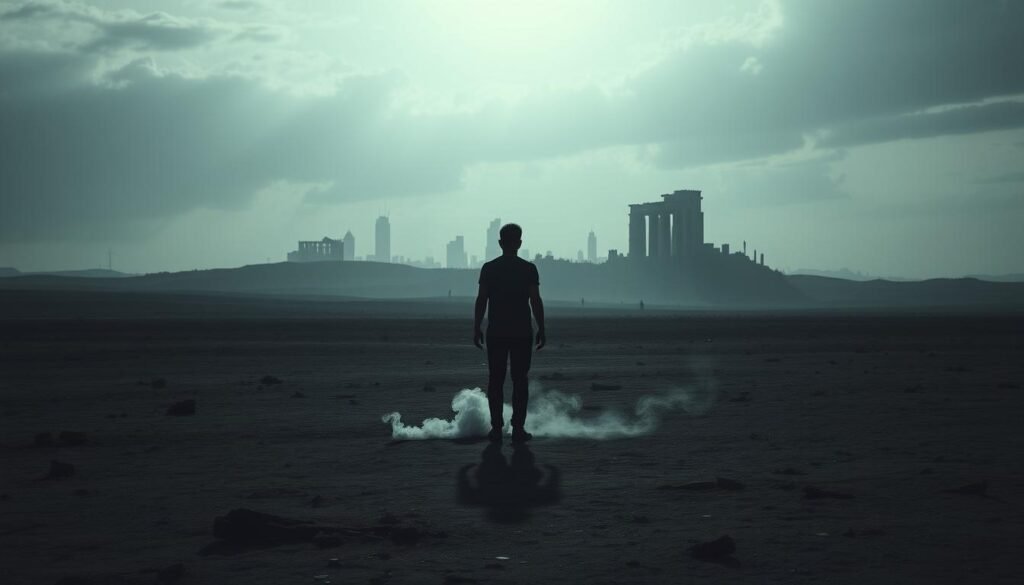 A solitary figure stands, their silhouette casting a long shadow across a barren landscape. Haunting tendrils of smoke curl around their feet, hinting at the unseen burden they carry. In the distance, a fractured skyline, once vibrant, now reduced to crumbling ruins, symbolizing the erosion of innocence. Muted tones and a somber, cinematic lighting evoke a sense of melancholy and the weight of unresolved trauma. The scene conveys the lasting impact of childhood conditioning, where dreams once nurtured now lie shattered, leaving the individual to confront the hidden walls that have been built around them. A solitary figure stands, their silhouette casting a long shadow across a barren landscape. Haunting tendrils of smoke curl around their feet, hinting at the unseen burden they carry. In the distance, a fractured skyline, once vibrant, now reduced to crumbling ruins, symbolizing the erosion of innocence. Muted tones and a somber, cinematic lighting evoke a sense of melancholy and the weight of unresolved trauma. The scene conveys the lasting impact of childhood conditioning, where dreams once nurtured now lie shattered, leaving the individual to confront the hidden walls that have been built around them.