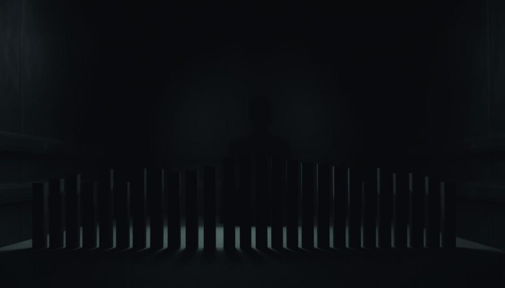 A stark and somber statistical visualization on a muted background. In the foreground, a grid of stark black-and-white bar graphs depicting the alarming frequency of false confessions, each bar representing a different demographic. Behind them, a shadowy interrogation room fades into the background, hinting at the psychological pressures that lead to this troubling phenomenon. Muted lighting casts dramatic shadows, creating a sense of gravity and unease. The composition is balanced and symmetrical, guiding the viewer's eye to the impactful data visualization at the center. An understated, thought-provoking piece that captures the weight and tragedy of false confessions.