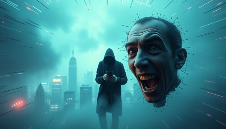 A sweeping, ominous landscape of AI-generated deepfake threats. In the foreground, a twisted, distorted face emerges from a glitchy, pixelated vortex, conveying the deceptive and manipulative nature of deepfakes. The middle ground depicts a shadowy figure holding a smartphone, symbolizing the growing threat of sextortion and non-consensual image sharing. In the background, a hazy, dystopian cityscape shrouded in a digital haze, highlighting the pervasive and far-reaching impact of these digital threats. The scene is bathed in a cool, eerie glow, creating a sense of unease and danger. Cinematic, wide-angle lens captures the scale and gravity of the situation.