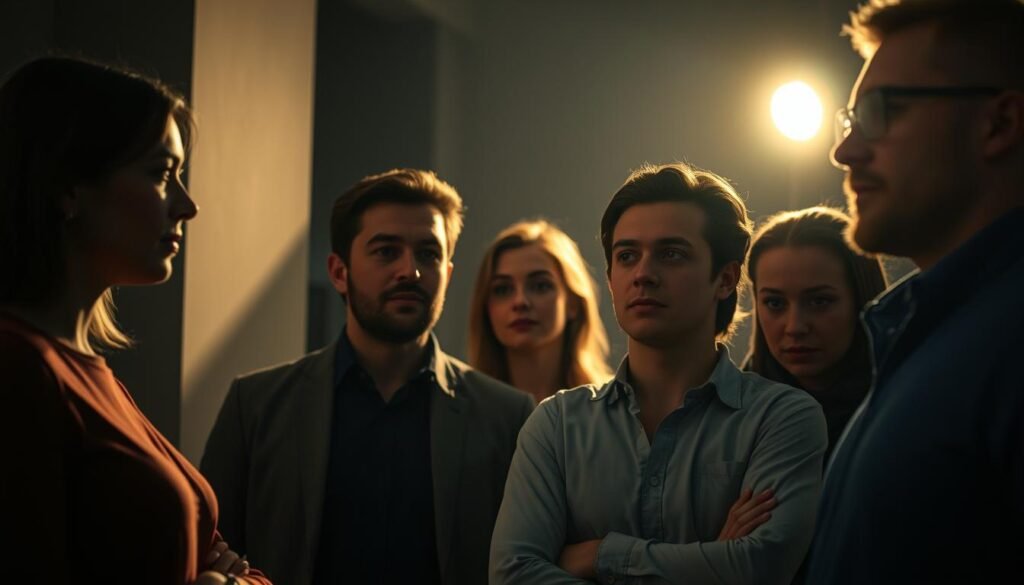 A team of colleagues standing in a dimly lit room, faces lit by a warm, focused spotlight. They are engaged in a thoughtful discussion, expressions reflecting determination and resilience. The background is softly blurred, hinting at the challenges they have overcome. The scene conveys a sense of unity, problem-solving, and a culture that embraces failure as a pathway to growth and innovation.