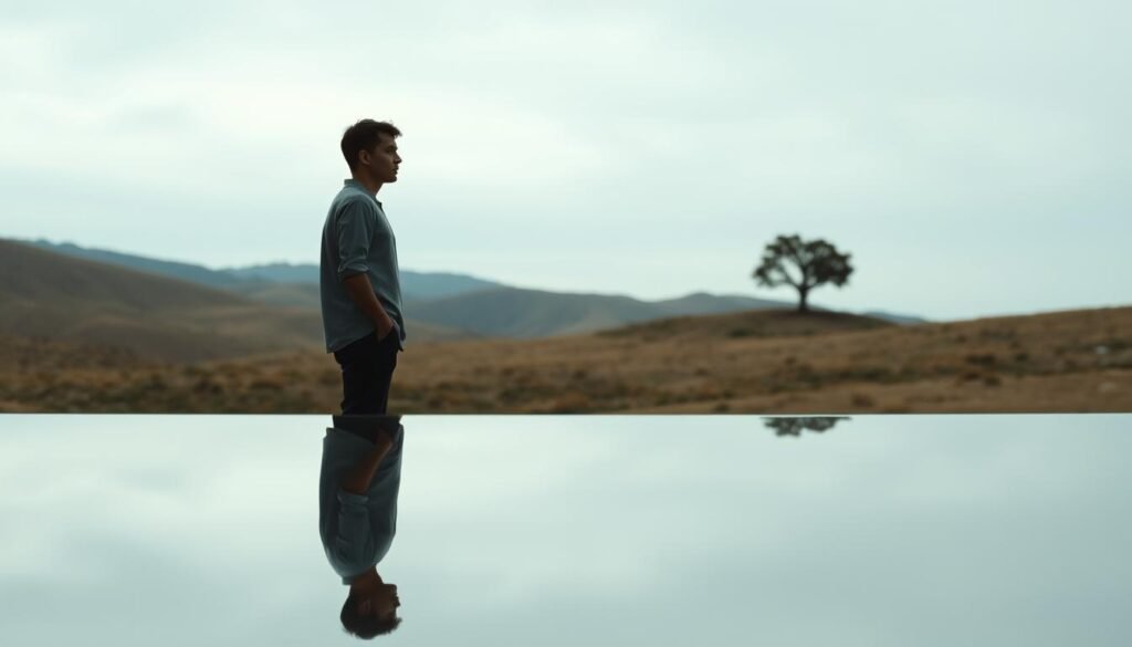 A thoughtful individual stands in a serene, reflective setting. Soft, diffused lighting illuminates their contemplative expression as they gaze inwardly. In the foreground, a mirror-like pool reflects their silhouette, creating an introspective duality. The middle ground features a minimalist, natural landscape - rolling hills, a lone tree, and a calming, overcast sky. This tranquil environment invites the viewer to pause and consider their own self-awareness and personal growth. The overall mood is one of introspection, clarity, and the importance of self-assessment.