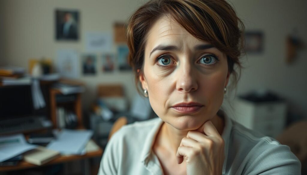 A thoughtful, introspective adult woman with ADHD, her gaze pensive and understanding. Soft natural lighting illuminates her face, highlighting her focused expression. In the middle ground, a cluttered but cozy home office, papers and electronic devices scattered, reflecting the challenges of daily life. The background blurs into a soothing, neutral tone, emphasizing the subject's internal contemplation. The overall mood is one of quiet contemplation, capturing the often unseen experiences of adult women living with ADHD.