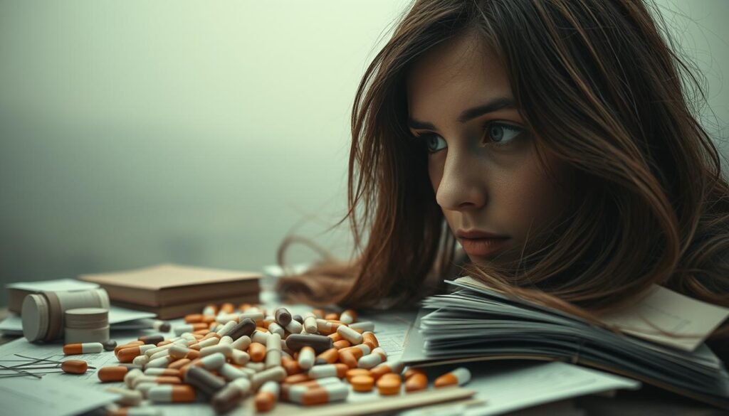 A thoughtful woman's face, half-obscured by long, flowing hair, conveying a pensive, introspective gaze. In the middle ground, a scattered array of pills, books, and papers, symbolic of the complex challenges associated with ADHD in women. In the background, a hazy, dreamlike landscape with muted colors, evoking the sense of being misunderstood or overlooked. Soft, diffused lighting creates an intimate, contemplative atmosphere, highlighting the subject's intricate emotional experience. A wide-angle lens captures the scene with a sense of depth and scale, emphasizing the hidden, multifaceted nature of this condition.