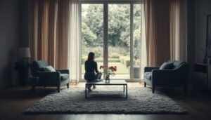 A tranquil living room with soft, natural lighting filtering through gauzy curtains. In the foreground, a cozy armchair and a plush rug create an inviting atmosphere. At the center, two figures sit facing each other, their body language open and engaged, conveying a sense of vulnerability and trust. The middle ground features a low coffee table with a vase of fresh flowers, symbolizing the growth and nurturing of their connection. In the background, a large window overlooks a serene garden, hinting at the expansive possibilities for their relationship. The overall mood is one of intimacy, honesty, and a shared journey towards rebuilding trust through transparent communication.