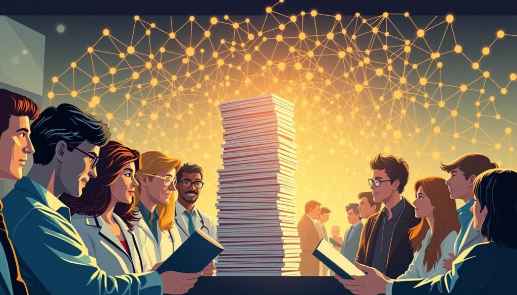 A vibrant, dynamic illustration of the principles of Open Science in psychology. In the foreground, diverse researchers collaborate, sharing data and ideas freely, their expressions radiating intellectual curiosity. In the middle ground, a towering stack of scientific papers, representing the transparency and accessibility of preprints and open access publications. In the background, a maze of interconnected nodes and lines, symbolizing the networked ecosystem of open repositories, platforms, and tools that empower open, reproducible research. The scene is bathed in warm, golden light, conveying a sense of progress, discovery, and the collective advancement of psychological knowledge. A vibrant, dynamic illustration of the principles of Open Science in psychology. In the foreground, diverse researchers collaborate, sharing data and ideas freely, their expressions radiating intellectual curiosity. In the middle ground, a towering stack of scientific papers, representing the transparency and accessibility of preprints and open access publications. In the background, a maze of interconnected nodes and lines, symbolizing the networked ecosystem of open repositories, platforms, and tools that empower open, reproducible research. The scene is bathed in warm, golden light, conveying a sense of progress, discovery, and the collective advancement of psychological knowledge.