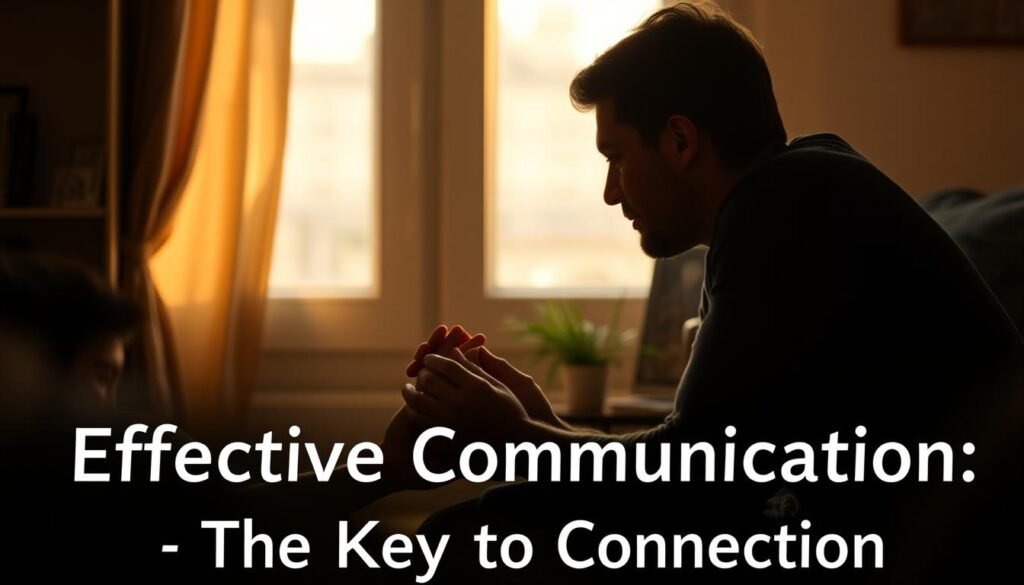 A warm, intimate scene of two people engaged in heartfelt conversation. In the foreground, two figures sit facing each other, their bodies angled towards one another, hands clasped as they lean in, eyes locked in a gaze of deep understanding. Soft, natural lighting filters through a window, casting a gentle glow on their features. The background is blurred, creating a sense of privacy and focus on the connection between the pair. The mood is one of openness, trust, and emotional intimacy - a visual representation of the "Effective Communication: The Key to Connection" theme. A warm, intimate scene of two people engaged in heartfelt conversation. In the foreground, two figures sit facing each other, their bodies angled towards one another, hands clasped as they lean in, eyes locked in a gaze of deep understanding. Soft, natural lighting filters through a window, casting a gentle glow on their features. The background is blurred, creating a sense of privacy and focus on the connection between the pair. The mood is one of openness, trust, and emotional intimacy - a visual representation of the "Effective Communication: The Key to Connection" theme.