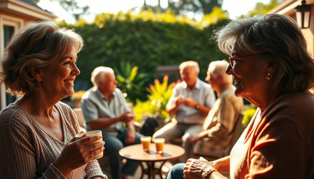 A warm, sun-dappled scene of midlife friends gathered on a tranquil patio, deep in conversation. In the foreground, two women sip coffee, their faces alight with genuine connection. In the middle ground, a group of men animatedly discuss, hands gesturing. The background reveals a lush, well-tended garden, a haven of natural beauty that mirrors the nurturing bonds between them. Soft natural lighting casts a golden glow, creating an atmosphere of comfortable intimacy. The camera's lens captures the scene with a sense of timelessness, emphasizing the lasting value of the relationships forged in this stage of life.