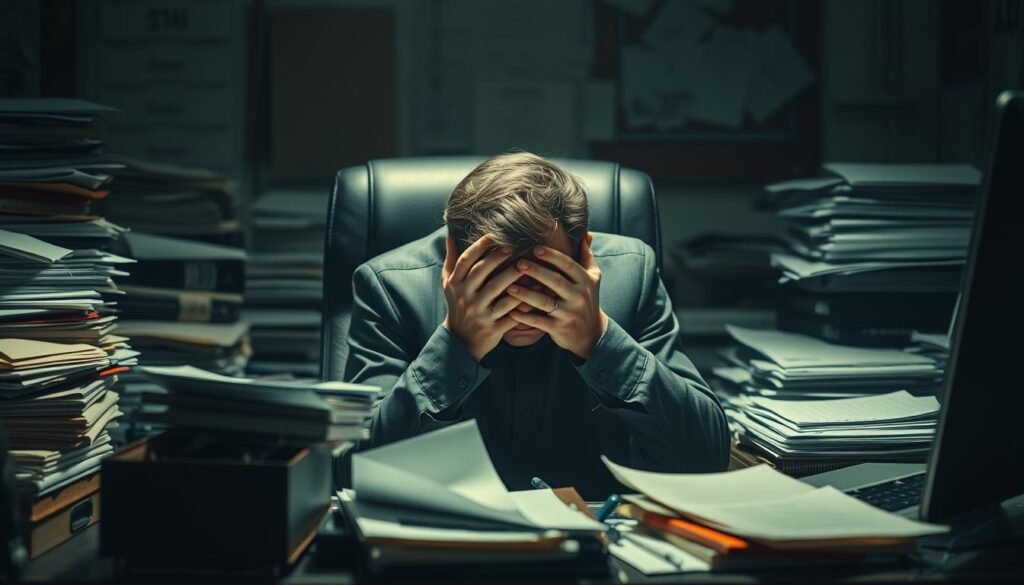 A weary, distressed figure slumped in an office chair, surrounded by a cluttered, dimly-lit workspace. The face is buried in hands, conveying overwhelming exhaustion. Stacks of paperwork, a laptop, and various office supplies litter the desk, creating a sense of chaos and pressure. The lighting is harsh, casting deep shadows that accentuate the subject's fatigue. The overall atmosphere is one of mental and physical depletion, reflecting the symptoms of burnout.