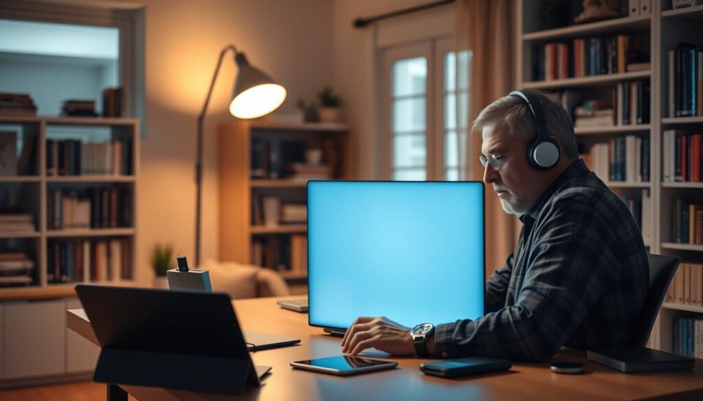 A well-lit, contemporary home office setting with a middle-aged adult (35-55 years old) sitting at a desk, intently focused on a laptop screen. The desk is adorned with various tech devices - a tablet, smartphone, and a pair of wireless headphones. Bookshelves line the walls, hinting at a lifelong thirst for knowledge. Soft, warm lighting emanates from a floor lamp, creating a cozy, inviting atmosphere. The room's decor reflects a blend of professional and personal elements, reflecting the individual's commitment to both their career and self-development. The scene conveys a sense of productivity, engagement, and a desire to embrace the digital world as a midlife adult.