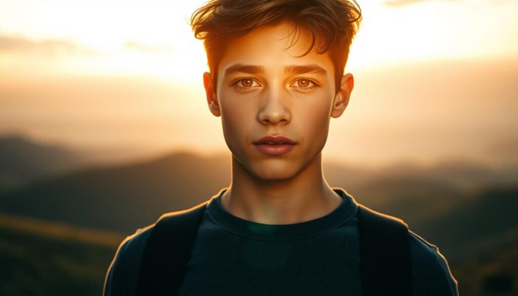 A young person standing tall, their gaze filled with unwavering determination, as they overcome the shadows of self-doubt. Warm, golden light illuminates their face, casting a soft glow that radiates inner strength. In the background, a serene landscape unfolds, with rolling hills and a tranquil sky, symbolizing the peaceful journey towards self-acceptance. The composition is balanced, with the subject occupying the central focus, surrounded by a sense of openness and possibility. The overall tone is one of empowerment, where the individual's self-belief shines through, guiding them towards overcoming their anxieties.
