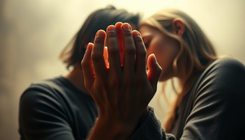 An intimate, softly lit portrait of two vulnerable individuals engaged in a tender emotional exchange. The foreground depicts their hands intertwined, fingers interlacing as they lean in close, expressions conveying trust and openness. The middle ground shows their faces in profile, eyes locked in a vulnerable gaze, brows furrowed with vulnerability. The background is a hazy, dreamlike setting, evoking a sense of vulnerability and emotional intimacy. The lighting is warm and diffuse, creating a sense of vulnerability and emotional rawness. The overall composition and mood suggest a profound moment of interpersonal vulnerability and connection.