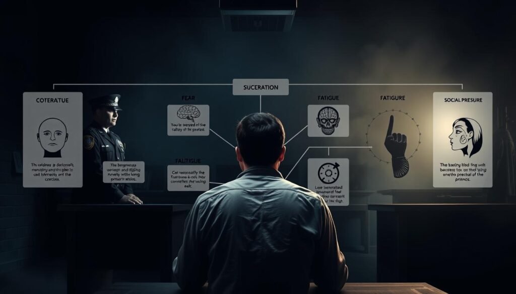 Detailed schematic illustration depicting various types of false confessions. In the foreground, a person appears under intense interrogation, with a stern-faced police officer looming over them. The middle ground showcases different psychological factors leading to false confessions, such as coercion, fear, fatigue, and social pressure. The background features a hazy, dimly lit room, emphasizing the tense and unsettling atmosphere. The lighting is dramatic, with stark contrasts and deep shadows, conveying the gravity of the situation. The overall aesthetic is realistic and meticulously rendered, creating a thought-provoking and visually striking image to accompany the article's section on &quot;Understanding False Confessions: Types and Causes&quot;.