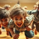 Hyperactive ADHD boys tumbling and bouncing, their boundless energy filling the frame. Tousled hair, mischievous grins, and bodies in constant motion, captured in a vibrant, candid scene. Warm, diffused lighting accentuates their youthful exuberance, while a blurred, softened background keeps the focus on their dynamic movements. A sense of playfulness and unrestrained joy permeates the composition, reflecting the classic ADHD symptoms often seen in young boys.