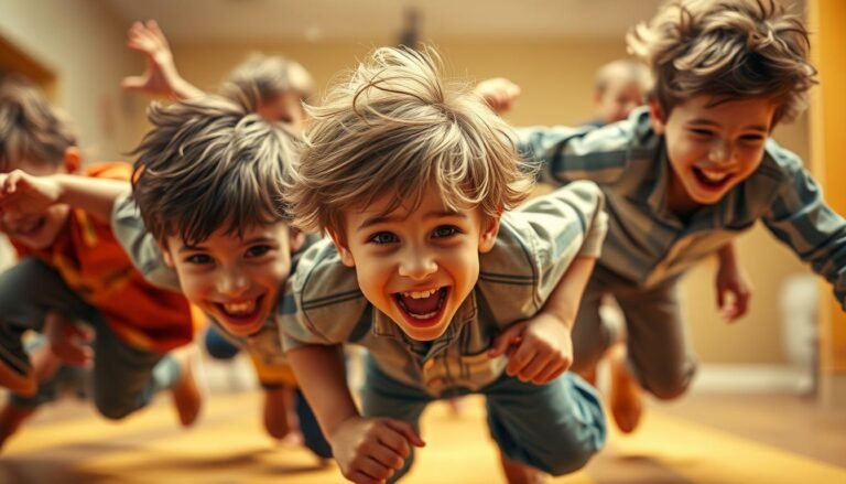 Hyperactive ADHD boys tumbling and bouncing, their boundless energy filling the frame. Tousled hair, mischievous grins, and bodies in constant motion, captured in a vibrant, candid scene. Warm, diffused lighting accentuates their youthful exuberance, while a blurred, softened background keeps the focus on their dynamic movements. A sense of playfulness and unrestrained joy permeates the composition, reflecting the classic ADHD symptoms often seen in young boys.