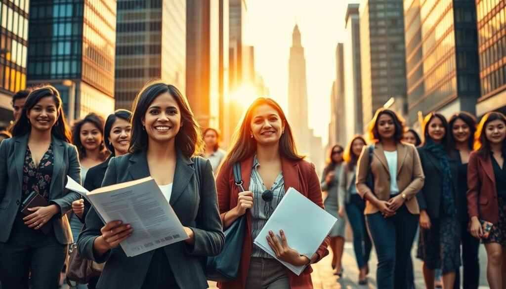 Women's financial independence, a future of empowerment and self-reliance. A diverse group of women, each with a unique story, stands confidently against a backdrop of skyscrapers and bustling city streets. Warm, golden lighting illuminates their faces, conveying a sense of determination and optimism. In the foreground, a successful businesswoman holds financial documents, symbolizing her hard-earned financial freedom. In the middle ground, a young professional confidently strides forward, her laptop bag slung over her shoulder. In the background, a mosaic of women from different walks of life, each representing the diverse landscape of financial independence. The scene exudes a sense of progress, unity, and the unwavering spirit of women breaking free from traditional dependencies.
