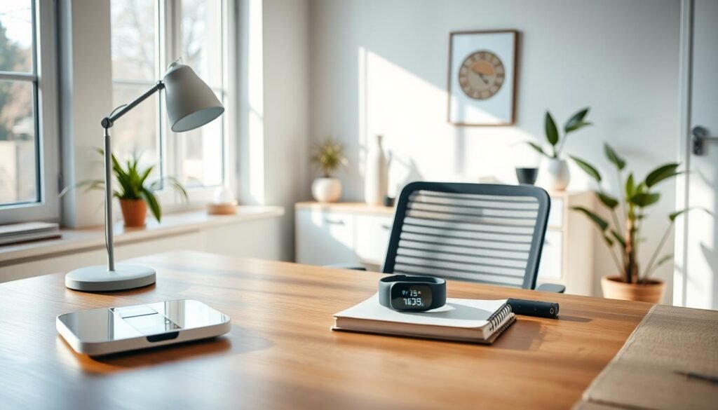 A bright and airy home office setup, with a wooden desk, ergonomic chair, and natural lighting streaming in from large windows. On the desk, an array of wellness-related items - a smart scale, a blood pressure cuff, a fitness tracker, and a notebook with a pen. The background features minimalist decor, with a plant or two adding a touch of greenery. The overall atmosphere is calm, focused, and inviting, setting the stage for a personal wellness journey.