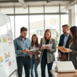 A bright, modern office interior with a team of professionals collaborating on a project. In the foreground, a whiteboard filled with colorful productivity optimization strategies and schedules. In the middle ground, the team intently discussing and sketching ideas, using laptops and notepads. The background features large windows allowing natural light to flood the space, creating a warm and focused atmosphere. The lighting is balanced, with a slight dramatic flair to highlight the team's engaged expressions and the details on the whiteboard. The camera angle is slightly elevated, giving an overview of the collaborative scene.