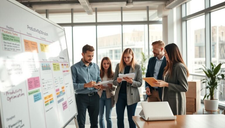 A bright, modern office interior with a team of professionals collaborating on a project. In the foreground, a whiteboard filled with colorful productivity optimization strategies and schedules. In the middle ground, the team intently discussing and sketching ideas, using laptops and notepads. The background features large windows allowing natural light to flood the space, creating a warm and focused atmosphere. The lighting is balanced, with a slight dramatic flair to highlight the team's engaged expressions and the details on the whiteboard. The camera angle is slightly elevated, giving an overview of the collaborative scene.