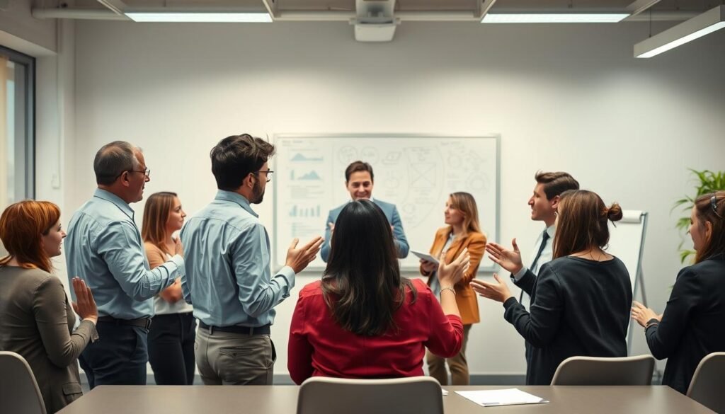 A brightly lit office setting with a group of professionals engaged in interactive team-building exercises. In the foreground, a diverse group of managers demonstrate collaborative problem-solving techniques, gesturing animatedly as they discuss strategies. The middle ground shows a facilitator guiding the session, encouraging open dialogue and active participation. The background features a whiteboard with scribbled notes and diagrams, conveying a sense of learning and discovery. The overall mood is one of engaged, constructive leadership, emphasizing the power of collective action over individual authority.