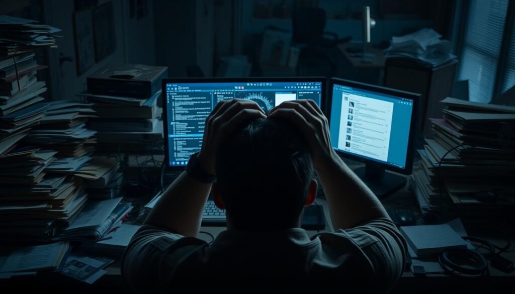 A cluttered desk with overflowing inboxes, stacks of papers, and tangled cables. Dim lighting casts long shadows, creating a sense of overwhelm. In the foreground, a person's hands gripping their head in frustration. The middle ground features a computer screen displaying a chaotic email interface, notifications popping up. The background blurs into a dimly lit office environment, hinting at the broader context of workplace stress. The overall atmosphere conveys a feeling of being buried in digital communication, struggling to maintain control.