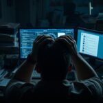 A cluttered desk with overflowing inboxes, stacks of papers, and tangled cables. Dim lighting casts long shadows, creating a sense of overwhelm. In the foreground, a person's hands gripping their head in frustration. The middle ground features a computer screen displaying a chaotic email interface, notifications popping up. The background blurs into a dimly lit office environment, hinting at the broader context of workplace stress. The overall atmosphere conveys a feeling of being buried in digital communication, struggling to maintain control.