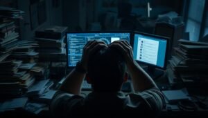 A cluttered desk with overflowing inboxes, stacks of papers, and tangled cables. Dim lighting casts long shadows, creating a sense of overwhelm. In the foreground, a person's hands gripping their head in frustration. The middle ground features a computer screen displaying a chaotic email interface, notifications popping up. The background blurs into a dimly lit office environment, hinting at the broader context of workplace stress. The overall atmosphere conveys a feeling of being buried in digital communication, struggling to maintain control.