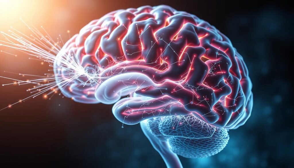 A cross-section of the brain, illuminated by soft, diffuse lighting, revealing the intricate neural pathways forming and strengthening as habits develop. In the foreground, dynamic bursts of energy trace the pathways, weaving a mesmerizing web of connections. The middle ground showcases the neural networks, a complex tapestry of neurons and synapses, pulsing with activity. In the background, a hazy, dreamlike quality pervades, suggesting the subconscious processes underlying habit formation. The overall composition conveys the science behind the effortless, automatic nature of habit development, a captivating and visually striking illustration of the section "The Science Behind Habit Formation".