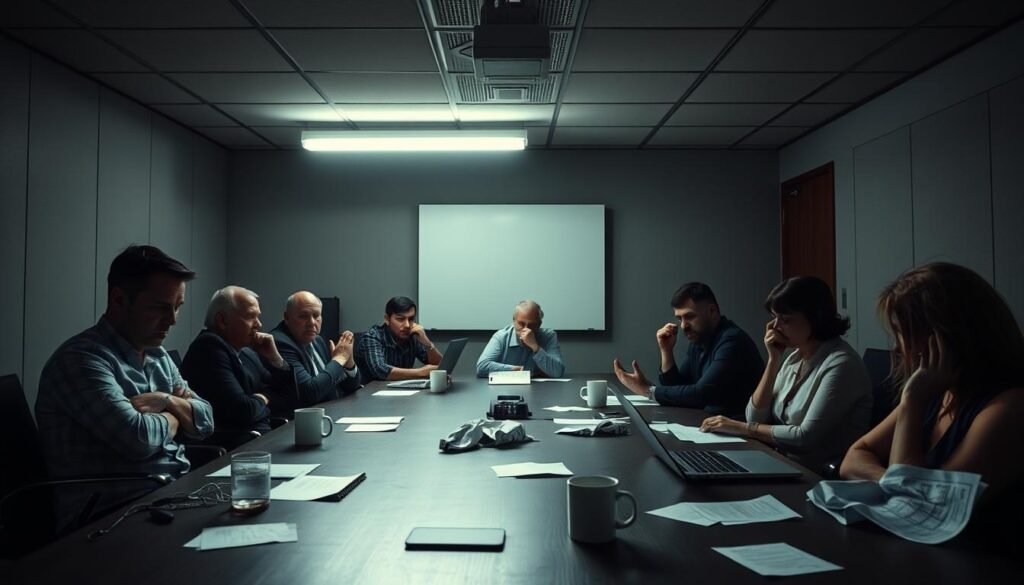 A dimly lit conference room, a team of frustrated professionals sitting around a long table, expressions of exasperation and disengagement on their faces. Overhead, a harsh fluorescent light casts harsh shadows, highlighting the tension in the room. Crumpled papers, empty coffee cups, and scattered laptops suggest a meeting gone awry. The mood is one of defeat and resignation, a stark contrast to the hopeful energy that should characterize a collaborative work session. Capture the palpable sense of failed communication and wasted time, a visual metaphor for the "Why Most Meetings Fail Before They Start" narrative.