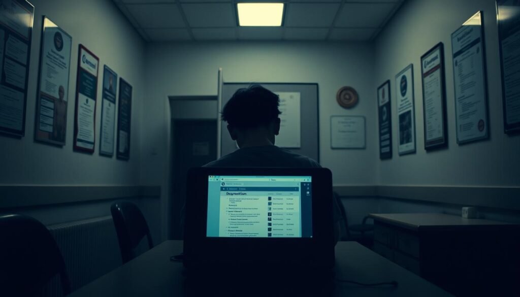 A dimly lit medical office, the walls adorned with clinical posters and certificates. In the center, a desk with an open laptop, its screen displaying a diagnostic assessment for depression. The patient's face is obscured, conveying the isolating nature of the condition. Soft, muted lighting casts shadows, reinforcing the weight and gravity of the moment. The atmosphere is one of contemplation and introspection, a visual representation of the complex emotions and challenges associated with mental health. The scene evokes a sense of the clinical, yet deeply personal, experience of defining and evaluating depression.