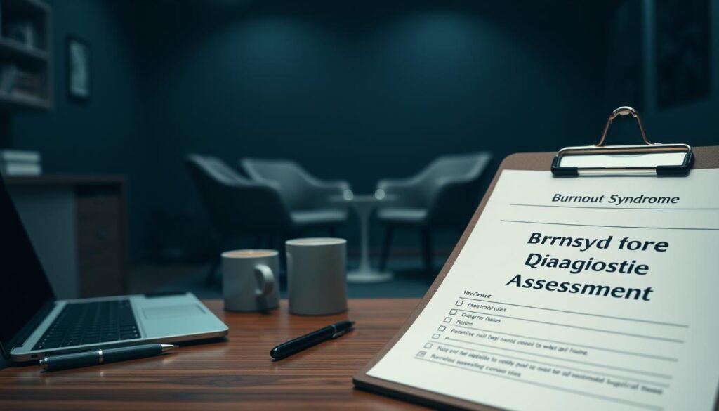 A dimly lit medical office, with a desk in the foreground. On the desk, a clipboard with a questionnaire titled "Burnout Syndrome Diagnosis Assessment". A laptop, a pen, and a mug of coffee sit beside it. In the middle ground, a doctor's chair and a patient's chair face each other, creating a sense of tension and unease. The background is blurred, suggesting the focus is on the assessment process. The overall atmosphere conveys the seriousness and gravity of the situation, hinting at the hidden struggles of burnout that often go unnoticed.
