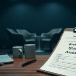 A dimly lit medical office, with a desk in the foreground. On the desk, a clipboard with a questionnaire titled "Burnout Syndrome Diagnosis Assessment". A laptop, a pen, and a mug of coffee sit beside it. In the middle ground, a doctor's chair and a patient's chair face each other, creating a sense of tension and unease. The background is blurred, suggesting the focus is on the assessment process. The overall atmosphere conveys the seriousness and gravity of the situation, hinting at the hidden struggles of burnout that often go unnoticed.