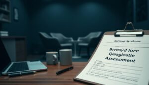 A dimly lit medical office, with a desk in the foreground. On the desk, a clipboard with a questionnaire titled "Burnout Syndrome Diagnosis Assessment". A laptop, a pen, and a mug of coffee sit beside it. In the middle ground, a doctor's chair and a patient's chair face each other, creating a sense of tension and unease. The background is blurred, suggesting the focus is on the assessment process. The overall atmosphere conveys the seriousness and gravity of the situation, hinting at the hidden struggles of burnout that often go unnoticed.