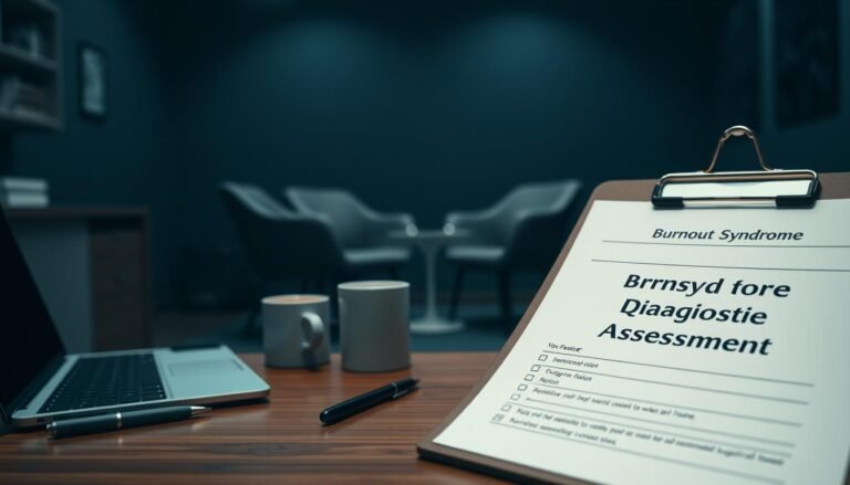 A dimly lit medical office, with a desk in the foreground. On the desk, a clipboard with a questionnaire titled "Burnout Syndrome Diagnosis Assessment". A laptop, a pen, and a mug of coffee sit beside it. In the middle ground, a doctor's chair and a patient's chair face each other, creating a sense of tension and unease. The background is blurred, suggesting the focus is on the assessment process. The overall atmosphere conveys the seriousness and gravity of the situation, hinting at the hidden struggles of burnout that often go unnoticed.